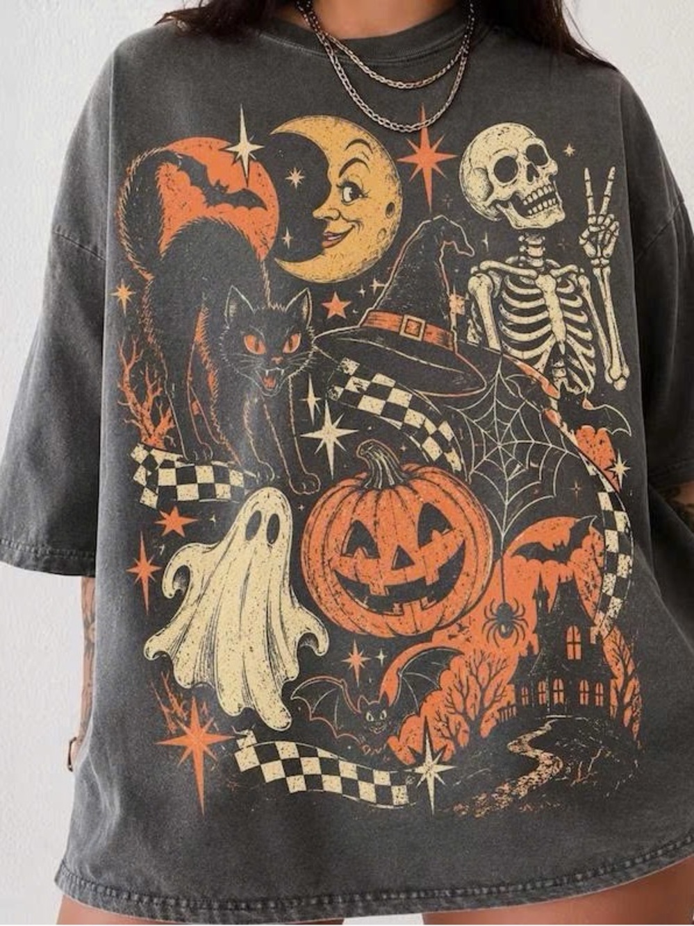 Gildan Black Tee with Orange & Cream Halloween Graphic